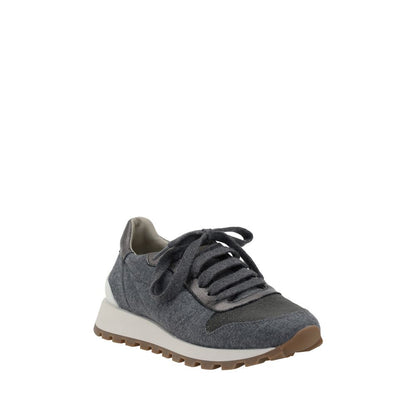 Brunello Cucinelli Gray Fleece Wool Sneakers with mélange fabric, knurled sole, and shiny bead detail. Elegant and comfortable design.