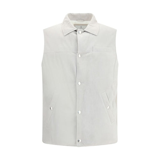 Brunello Cucinelli Gray Leather Jacket with high-neck design, button closure, patch pockets, knit sleeves, and suede-cashmere blend.