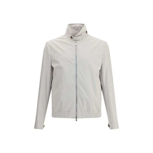 Brunello Cucinelli Gray Polyamide Shell Jacket with zipper closure and structured collar shown front view.