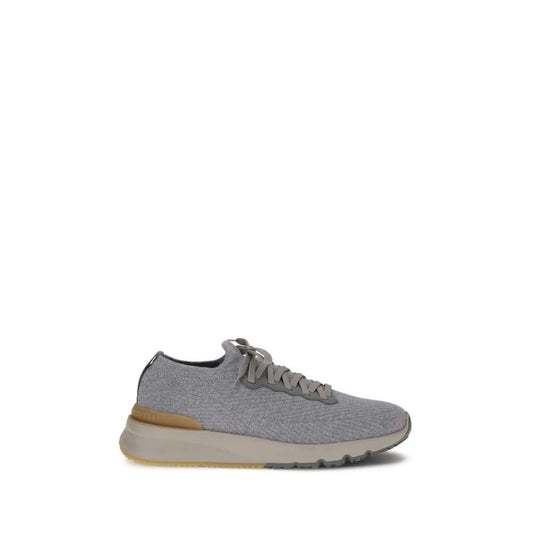 Brunello Cucinelli Gray Rubber Athletic Sneakers with lace-up and logoed insole, featuring snug ankle sock and sophisticated design.