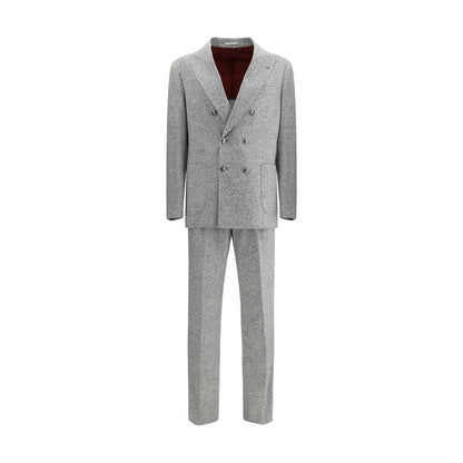 Brunello Cucinelli Gray Wool Two-Piece Suit with metal button closure and peaked lapels, showcasing refined and tailored elegance.