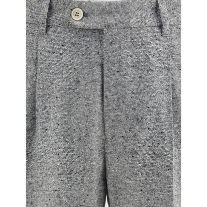 Close-up of Brunello Cucinelli Gray Wool Two-Piece Suit trousers showing button and texture details.