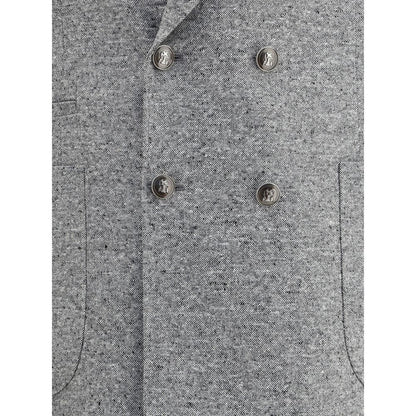 Detail of Brunello Cucinelli Gray Wool Two-Piece Suit with button closure and patch pockets.