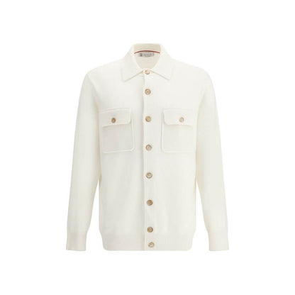 Brunello Cucinelli White Cashmere Cardigan with ribbed collar, button closure, patch pockets, and ribbed cuffs, AW25 collection.