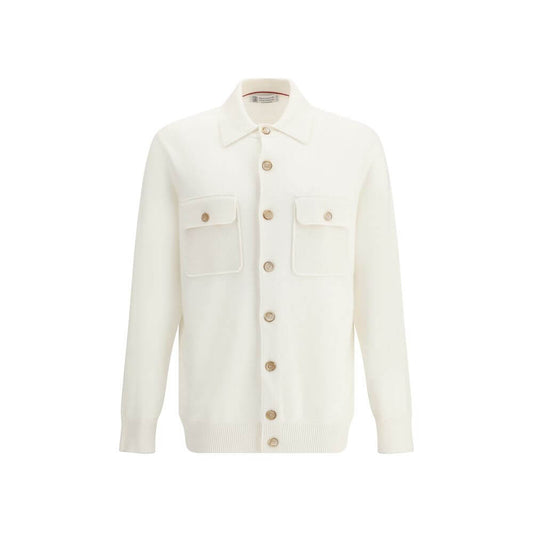 Brunello Cucinelli White Cashmere Cardigan with ribbed collar, button closure, patch pockets, and ribbed cuffs, AW25 collection.