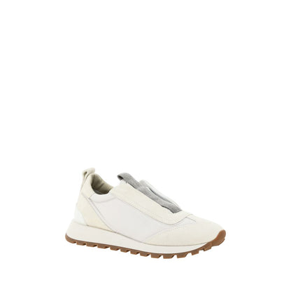 Brunello Cucinelli White Rubber Low Top Sneakers with slip-on style, round toe, knurled sole, suede details, and iconic jewel embellishment.