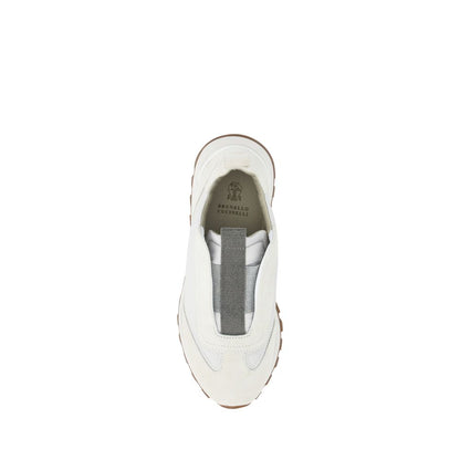 Top view of Brunello Cucinelli White Rubber Low Top Sneakers with slip-on style and iconic shiny jewels on front band.
