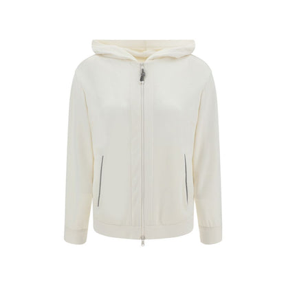 Brunello Cucinelli White Silk Sweatshirt with jewel appliqué pockets and zipper closure, offering casual elegance and versatility.