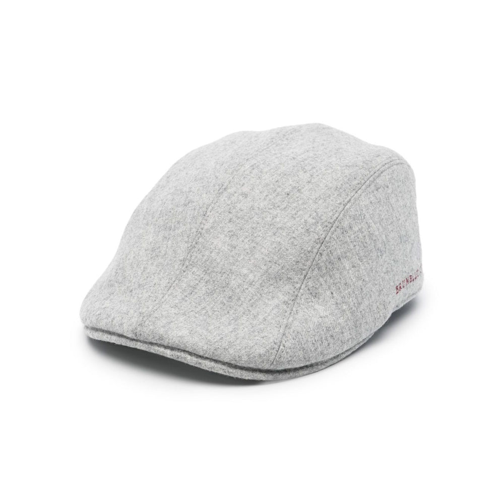 Brunello Cucinelli Wool hat in heather grey with flat peak, side logo, adjustable leather strap, pull-on style, 6cm brim, 55cm circumference.