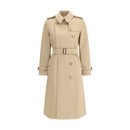 Burberry Beige Cashmere Coat with double-breasted design, hook-and-eye collar, and structured epaulettes.