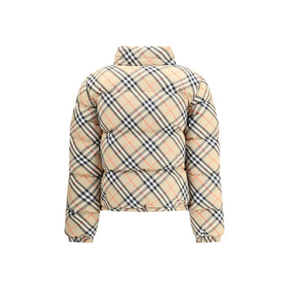 Burberry Beige Polyester Coat with check pattern, double-slider zipper, packaway hood, side pockets, and adjustable hem.
