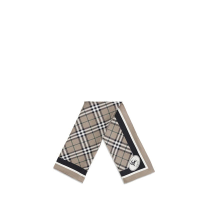 Burberry Beige Silk Scarf with Archive Check pattern and Equestrian Knight logo, 100% silk, elegant accessory with British heritage.