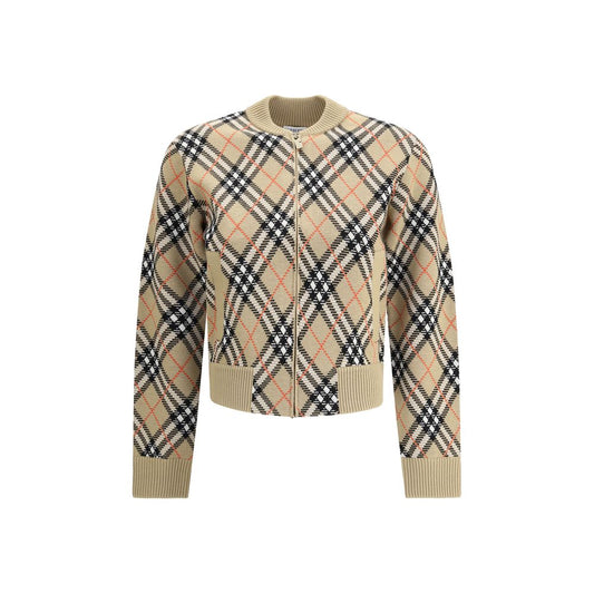 Burberry Beige Wool Cardigan with check pattern, front zipper, and ribbed collar, from AW25 collection, made in Italy.