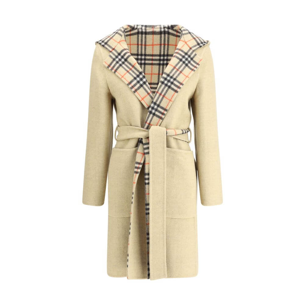 Burberry Beige Wool Coat with reversible design, featuring iconic Burberry Check pattern and detachable belt for a tailored fit.