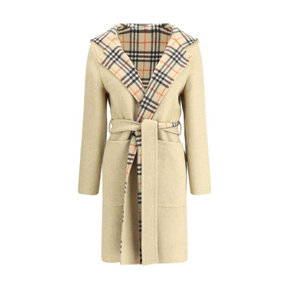Burberry Beige Wool Coat with reversible design, featuring iconic Burberry Check pattern and detachable belt for a tailored fit.