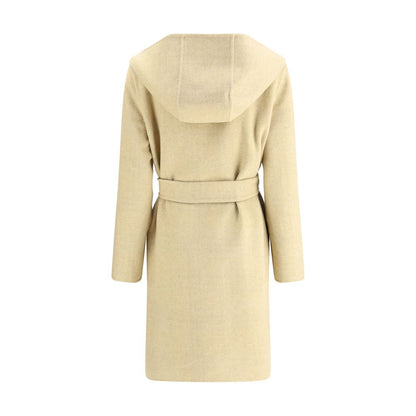 Burberry Beige Wool Coat with hood, reversible design with Burberry Check pattern and detachable belt, back view.