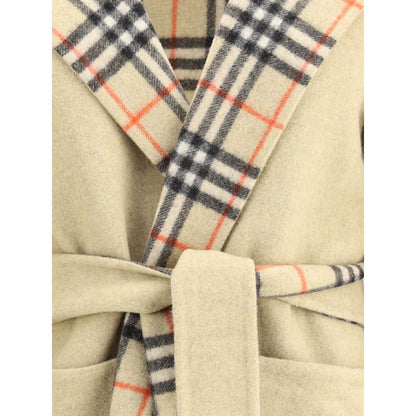 Close-up of Burberry Beige Wool Coat showing reversible Burberry Check pattern and belt detail.