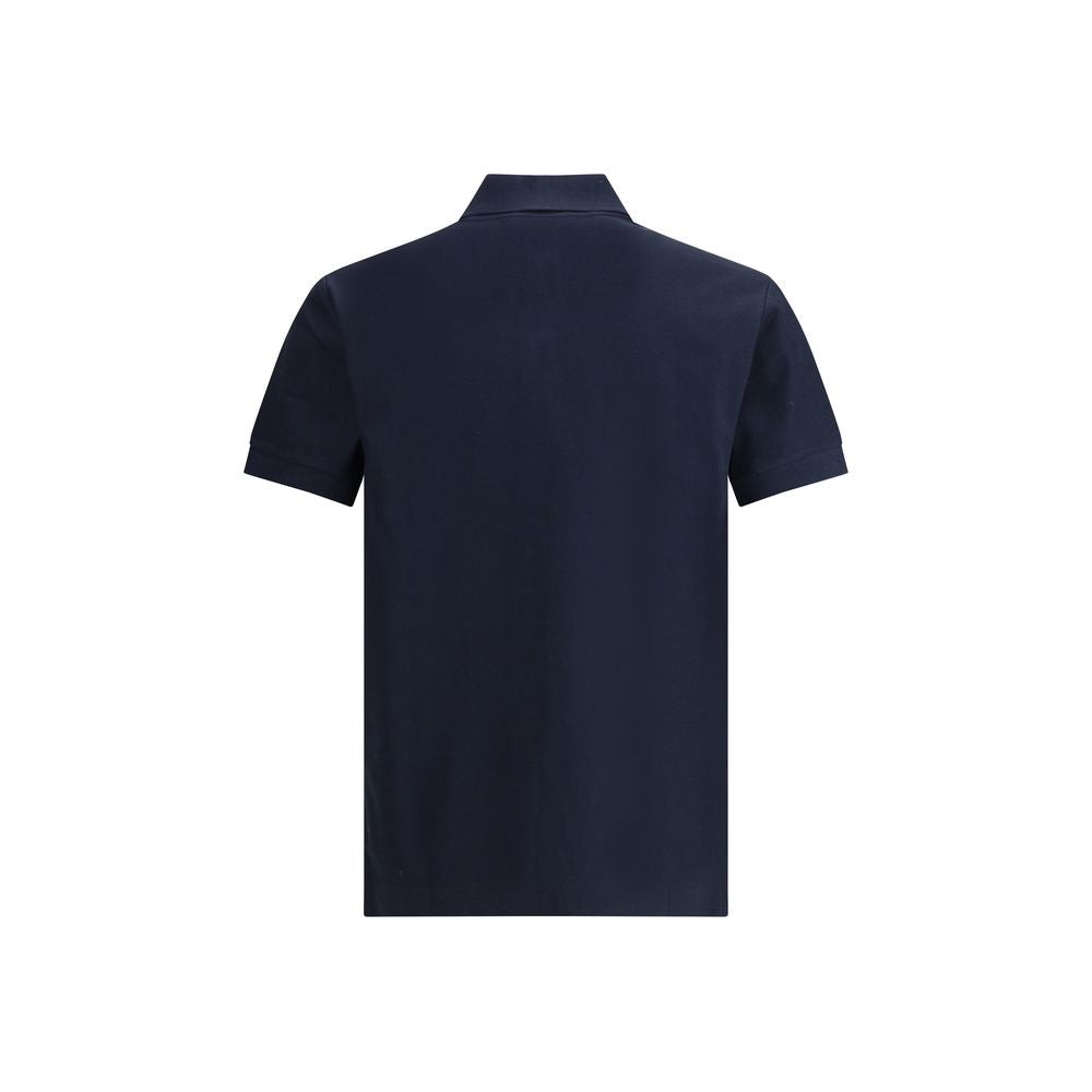Back view of Burberry Blue Cotton Polo Shirt with ribbed collar and metal Equestrian Knight Design detail.