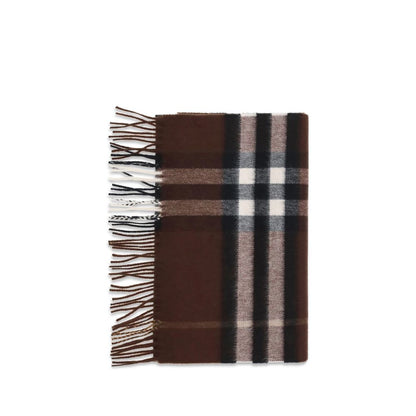 Burberry Brown Cashmere Scarf with classic check pattern and fringe ends, made of 100% soft cashmere, perfect for AW25 season.