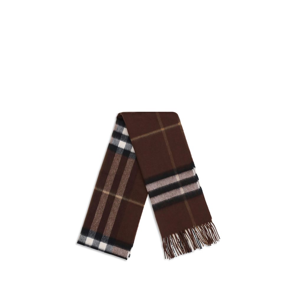 Burberry Brown Cashmere Scarf with classic check pattern and fringed edges, made of 100% cashmere for a timeless and elegant look.