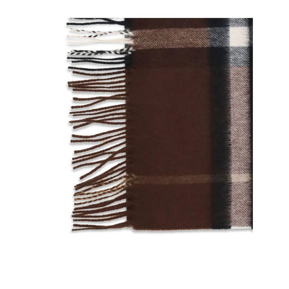 Close-up view of Burberry Brown Cashmere Scarf featuring classic check pattern and bangs, 100% cashmere, AW25 collection.