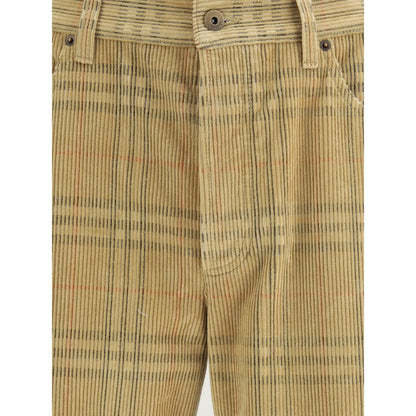 Burberry Brown Cotton Casual Pants with Archivio Check, velvet ribbed design, five-pocket, button fastening, belt loops, and logo patch.
