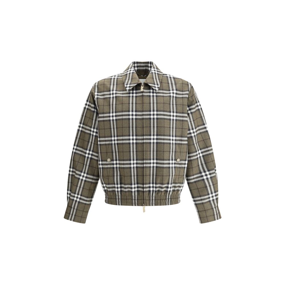 Burberry Green Wool Bomber featuring check pattern, double slider zipper, and elastic hem