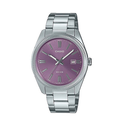 CASIO COLLECTION Mod. DATE - LILAC wristwatch with lilac dial, stainless steel bracelet, and quartz movement