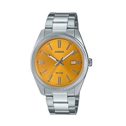 CASIO COLLECTION Mod. DATE - MUSTARD YELLOW wristwatch, water-resistant 5 ATM, stainless steel case and strap, quartz movement with date.