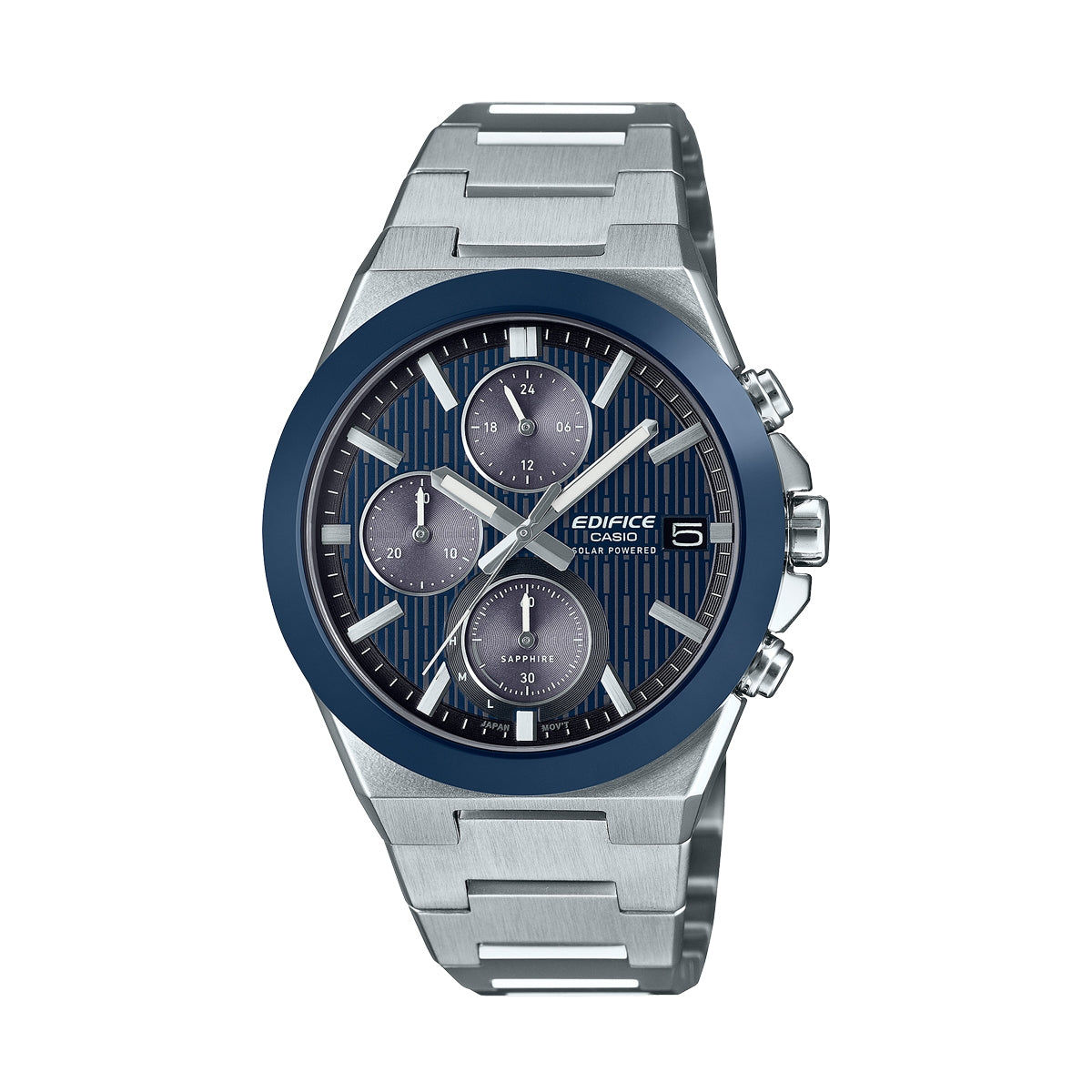 CASIO EDIFICE Mod. SOLAR POWERED CHRONOGRAPH - BLUE, water resistant 10 ATM stainless steel watch with blue dial and chronograph features