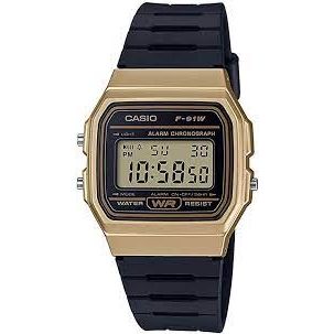 CASIO VINTAGE Mod. F-91 BIO RESIN STRAP - GOLD wristwatch with black resin strap, gold case, and multifunction quartz movement.