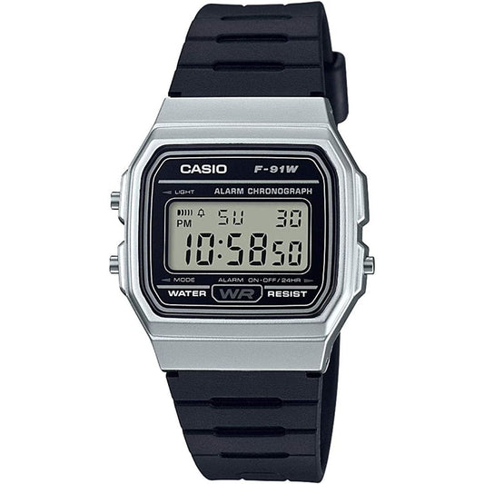 CASIO VINTAGE Mod. F-91 BIO RESIN STRAP - SILVER, unisex wristwatch, 3 ATM water resistant, resin and plastic materials, quartz movement.