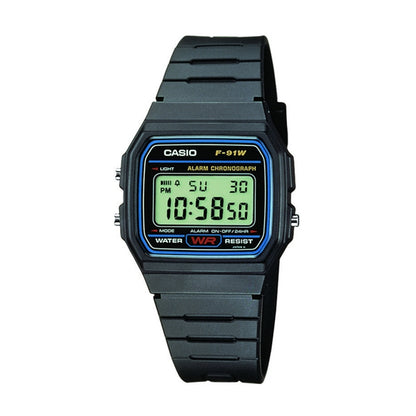 CASIO VINTAGE Mod. F-91 quartz wristwatch with 3 ATM water resistance and resin strap, shown in official packaging.