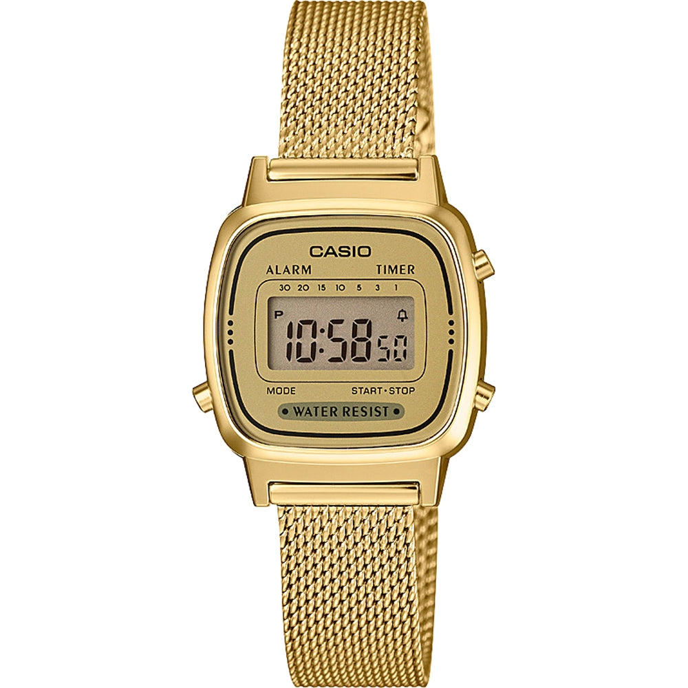 CASIO VINTAGE Mod. ICONIC MINI STEEL - GOLD MESH wristwatch with quartz movement, multifunction features, splash-proof resin case, gold mesh strap.