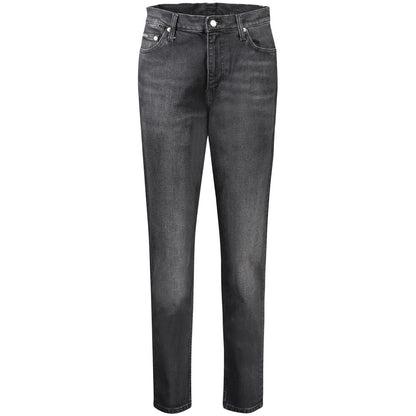 Calvin Klein Black Cotton Women Jeans with classic mom fit and iconic logo, featuring 5-pocket design and button-zip closure.