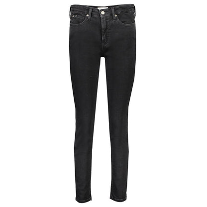 Calvin Klein Black Cotton Women's Skinny Jean featuring mid rise, 5-pocket design, button closure, and 20% recycled cotton.