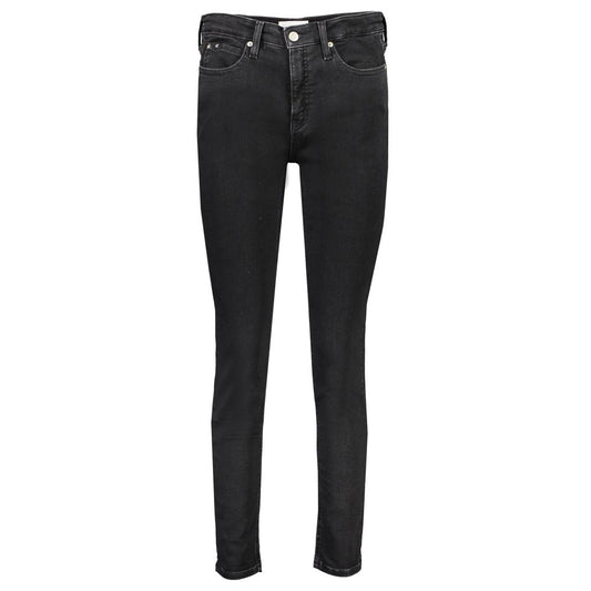 Calvin Klein Black Cotton Women's Skinny Jean featuring mid rise, 5-pocket design, button closure, and 20% recycled cotton.