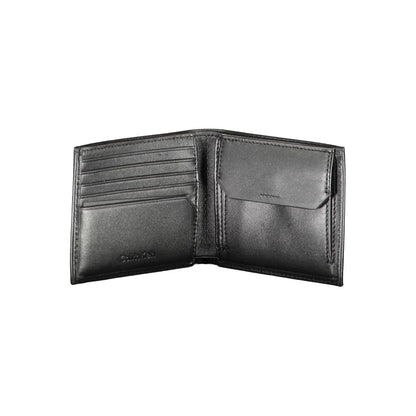 Calvin Klein Black Leather Men Wallet with RFID protection, card slots, and coin compartment, open view showcasing interior features.