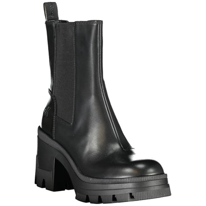 Calvin Klein Black Leather Women Boot with 8 cm heel, chic design and signature elegance, perfect for trendsetters.