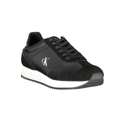 Calvin Klein Black Leather Women Sneaker with contrasting details and iconic logo, designed for sporty elegance and comfort.