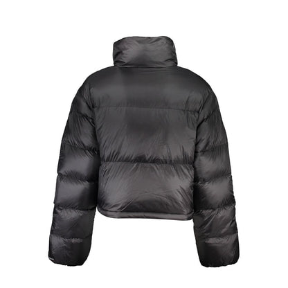 Calvin Klein Black Polyamide Jackets & Coat, short puffer jacket with long sleeves, zipper closure, recycled material, back view.