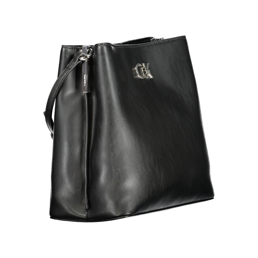 Calvin Klein Black Polyester Handbag with adjustable shoulder strap, featuring logo, and multiple pockets for versatile use.