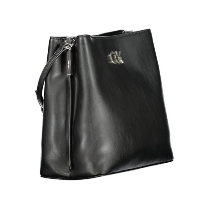 Calvin Klein Black Polyester Handbag with adjustable shoulder strap, featuring logo, and multiple pockets for versatile use.