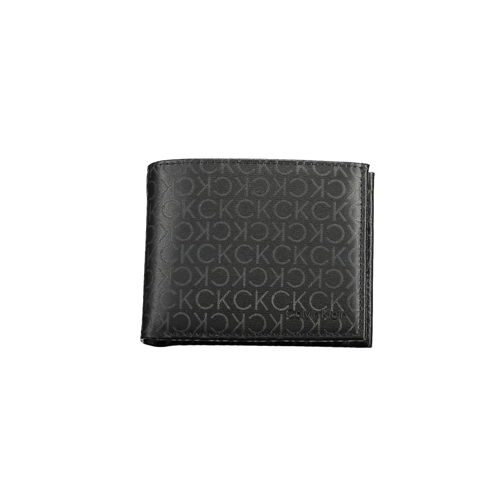 Calvin Klein Black Polyester Men Wallet featuring logo pattern and RFID protection, stylish accessory for cards with dual compartments.