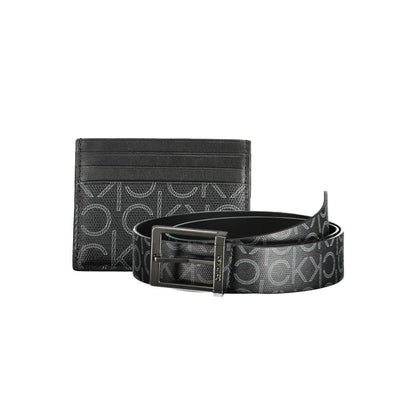Calvin Klein Black Polyethylene Mens Wallet with card holder and metal buckle belt, sleek design with iconic logo detailing, modern accessory set