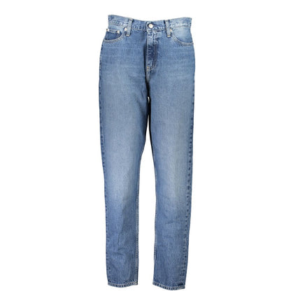 Calvin Klein Blue Cotton Women Jean with classic five-pocket and vintage washed effect, displaying high-fashion logo on waist.