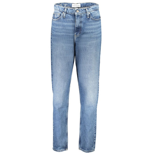 Calvin Klein Blue Cotton Women's Jeans with washed effect and five pockets, featuring delicate embroidery and logo patch.