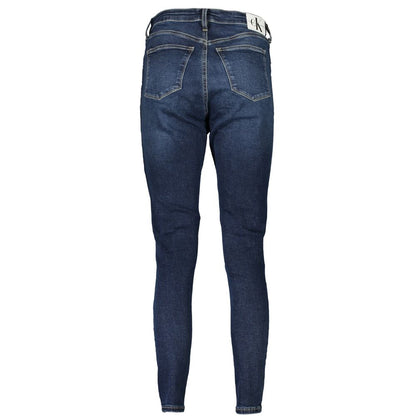 Back view of Calvin Klein Blue Cotton Women's Skinny Ankle Jean with high-rise and super skinny fit.