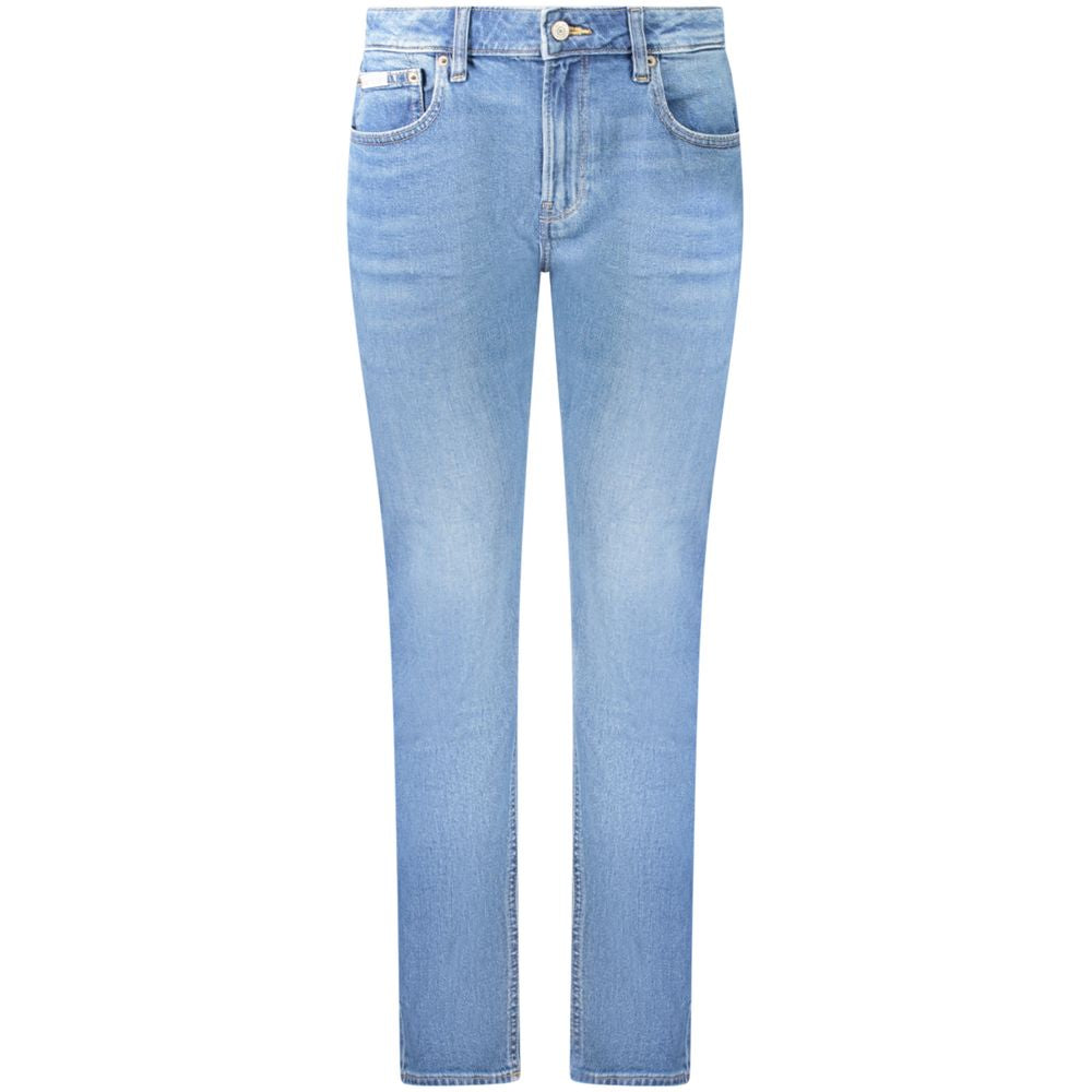 Calvin Klein Blue Cotton Women's Slim Jean featuring a mid-rise, slim fit in washed blue, perfect for casual chic looks.