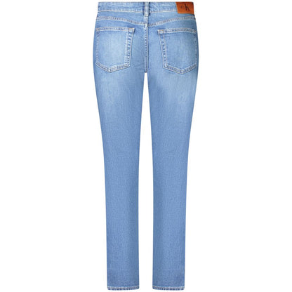 Back view of Calvin Klein Blue Cotton Women's Slim Jean showcasing mid-rise and iconic denim design.